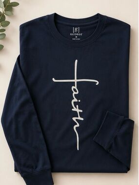 George Navy Long Sleeve Tee with White Faith Cross Graphic